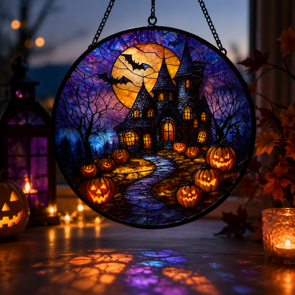 Gothic Halloween Castle Sun Catcher – Acrylic Stained Glass Style Window Hanging Decor, Spooky Rainbow Light Ornament for Home & Garden