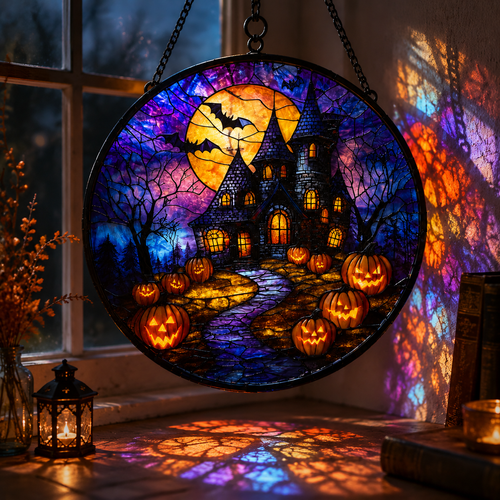 Gothic Halloween Castle Sun Catcher – Acrylic Stained Glass Style Window Hanging Decor, Spooky Rainbow Light Ornament for Home & Garden