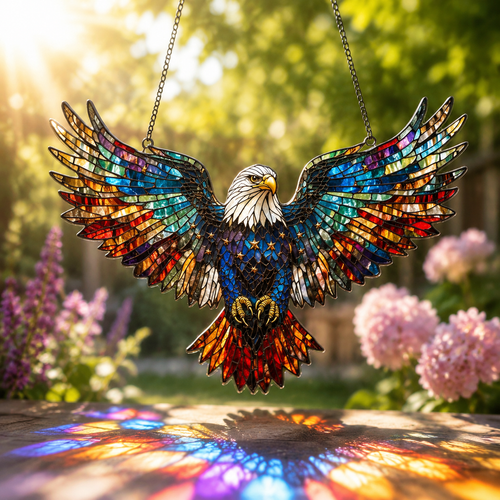 American Eagle Stained Glass Sun Catcher – Patriotic Bald Eagle Window Hanging Ornament, USA Flag Decor Gift for Home & Porch