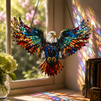 American Eagle Stained Glass Sun Catcher – Patriotic Bald Eagle Window Hanging Ornament, USA Flag Decor Gift for Home & Porch