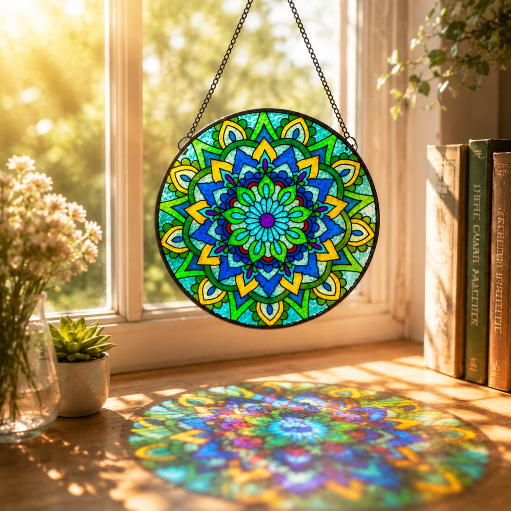 Stained Glass Mandala Sun Catcher – Church Window Style Hanging Ornament, Floral Rainbow Light Catcher for Home & Garden Decor