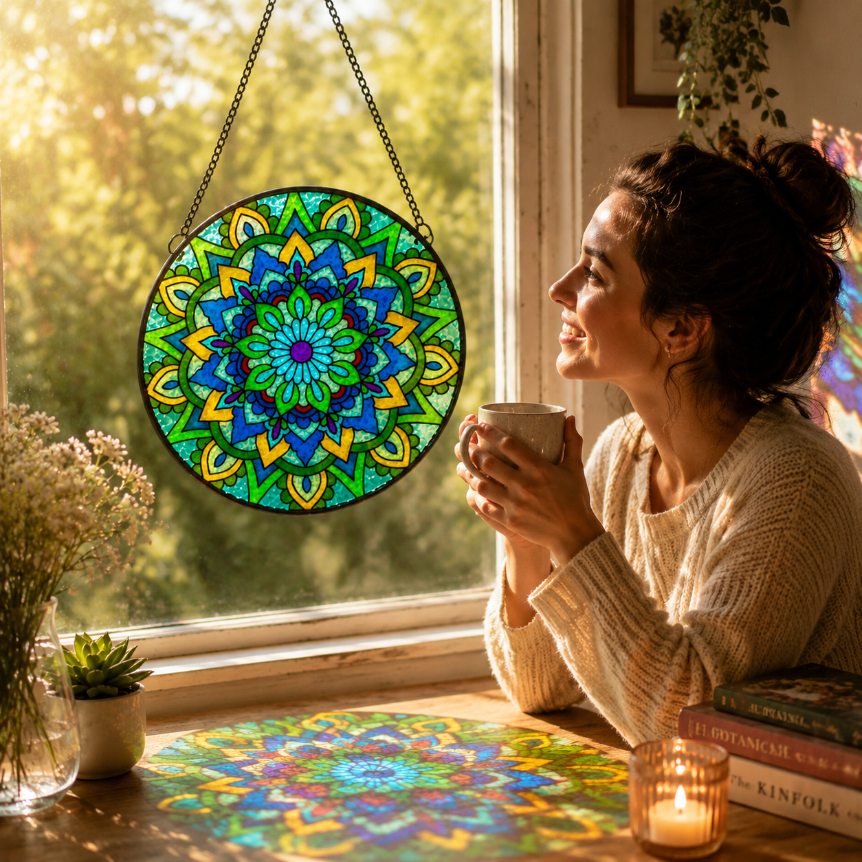 Stained Glass Mandala Sun Catcher – Church Window Style Hanging Ornament, Floral Rainbow Light Catcher for Home & Garden Decor