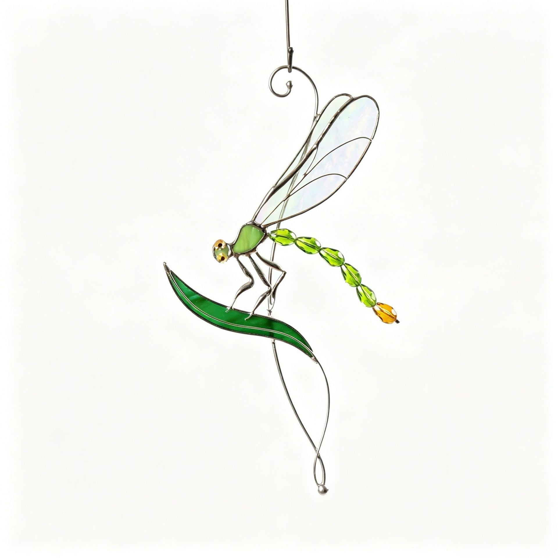 Stained Glass Dragonfly Suncatcher with Green Leaf | Handmade Window Hanging Decor | Sun Catcher Gift for Nature Lovers