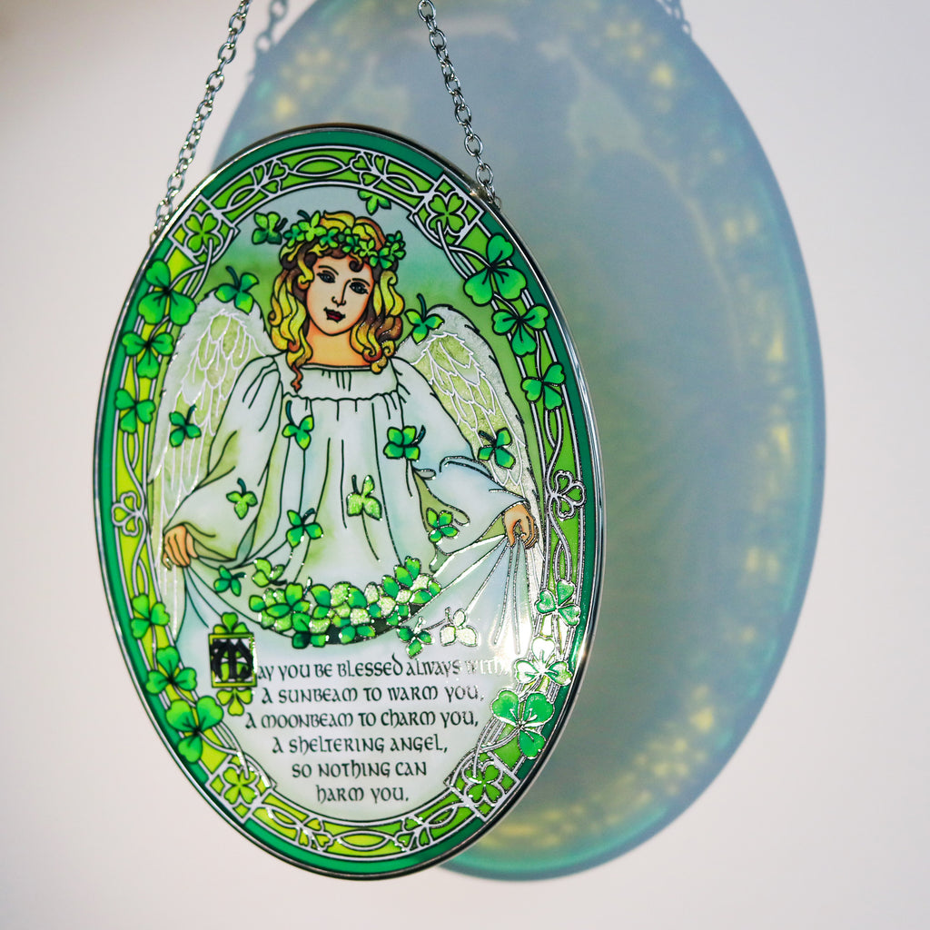 Stained Glass Angel Suncatcher with Shamrock Design | Guardian Angel Window Hanging Decor | Spiritual Blessing Gift