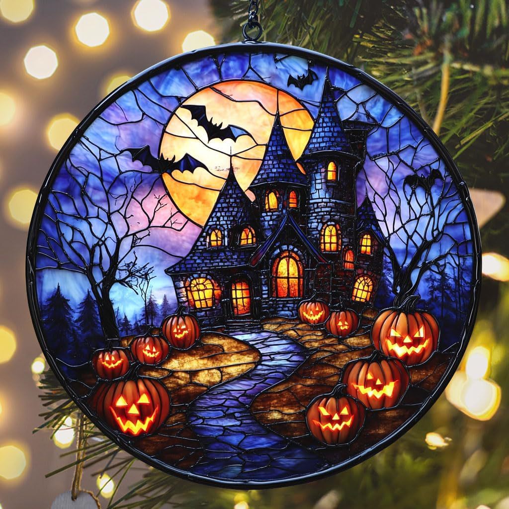 Gothic Halloween Castle Sun Catcher – Acrylic Stained Glass Style Window Hanging Decor, Spooky Rainbow Light Ornament for Home & Garden