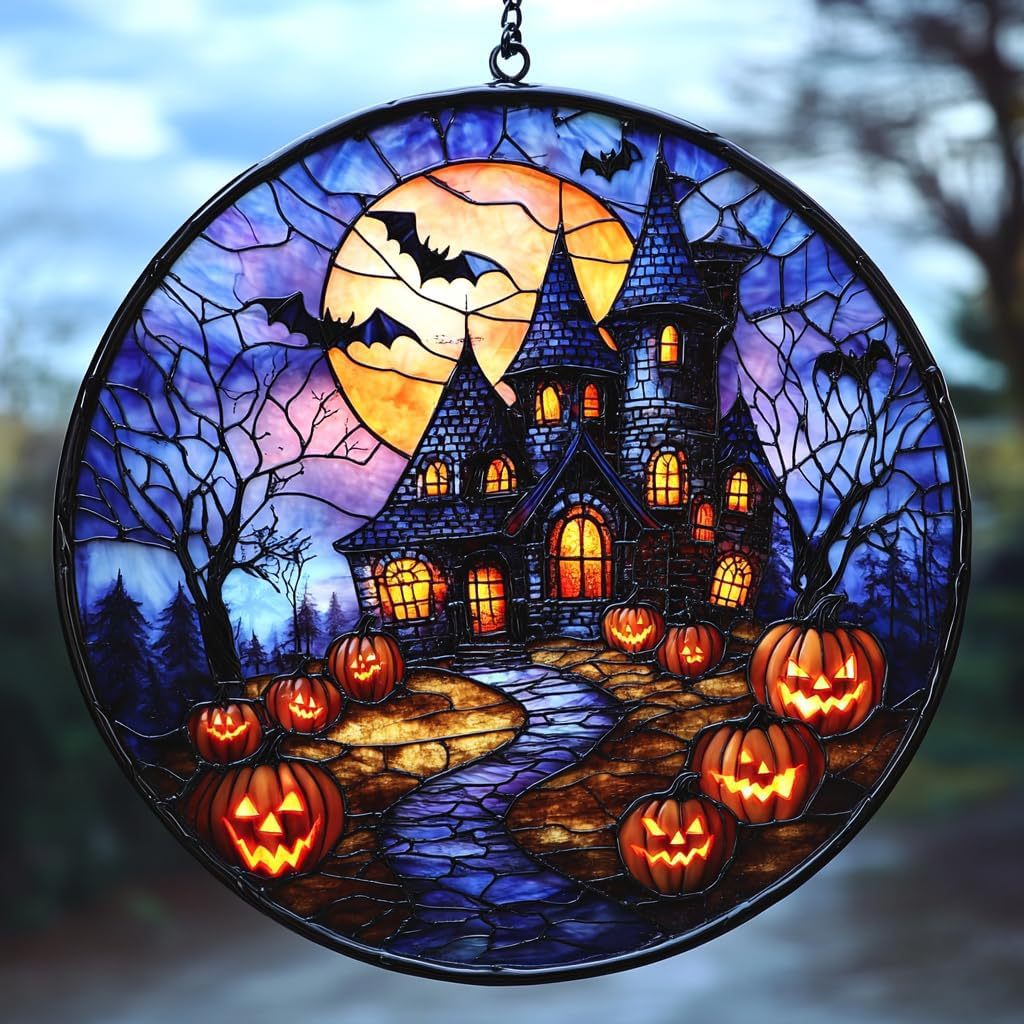 Gothic Halloween Castle Sun Catcher – Acrylic Stained Glass Style Window Hanging Decor, Spooky Rainbow Light Ornament for Home & Garden
