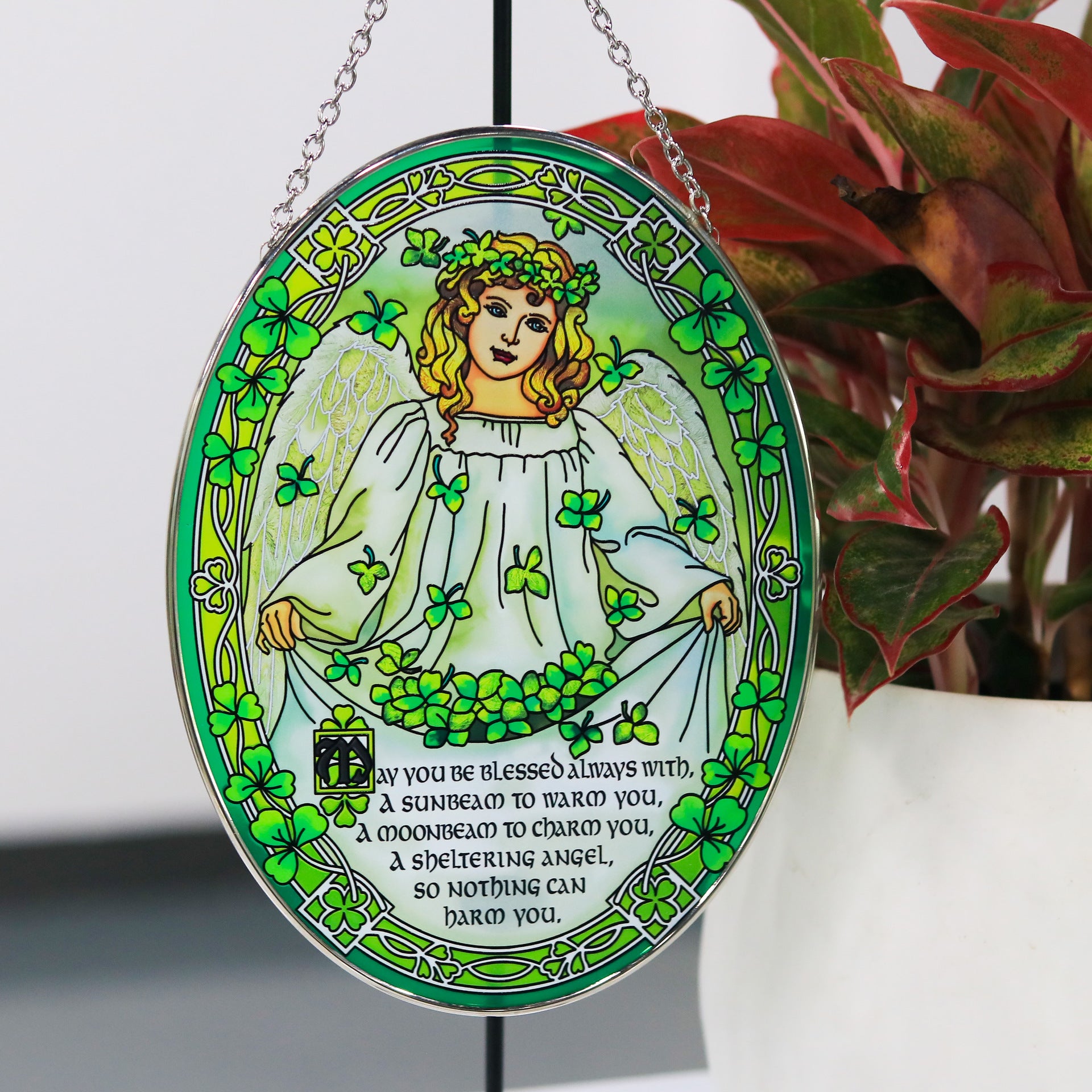 Stained Glass Angel Suncatcher with Shamrock Design | Guardian Angel Window Hanging Decor | Spiritual Blessing Gift