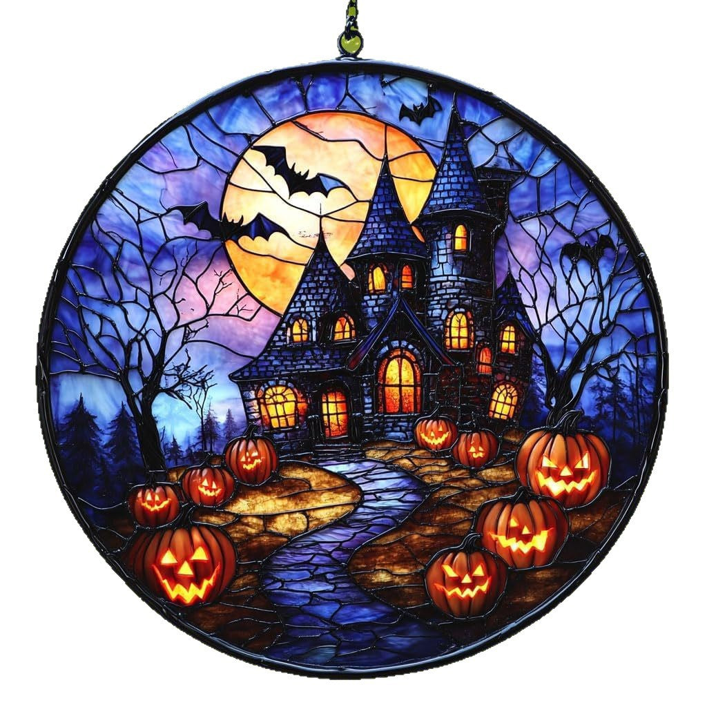 Gothic Halloween Castle Sun Catcher – Acrylic Stained Glass Style Window Hanging Decor, Spooky Rainbow Light Ornament for Home & Garden