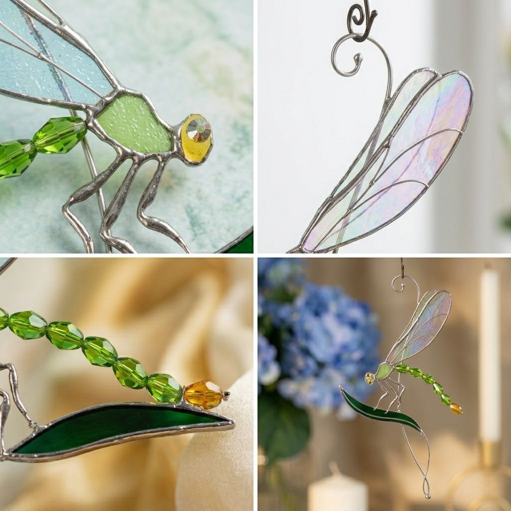 Stained Glass Dragonfly Suncatcher with Green Leaf | Handmade Window Hanging Decor | Sun Catcher Gift for Nature Lovers