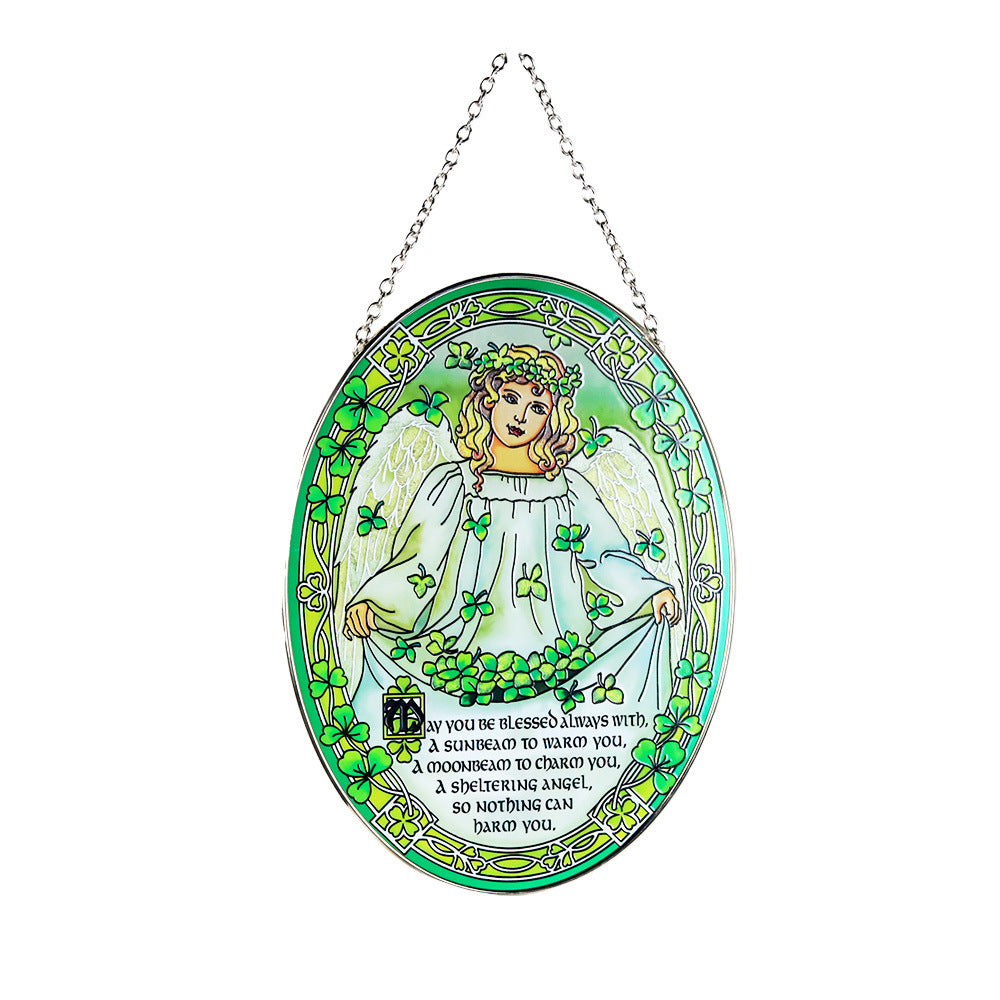 Stained Glass Angel Suncatcher with Shamrock Design | Guardian Angel Window Hanging Decor | Spiritual Blessing Gift