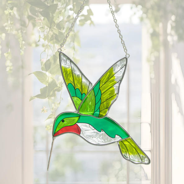 Stained Glass Hummingbird Sun Catcher – Rainbow Light Window Hanging Ornament, Colorful Suncatcher Gift for Garden & Home Decor