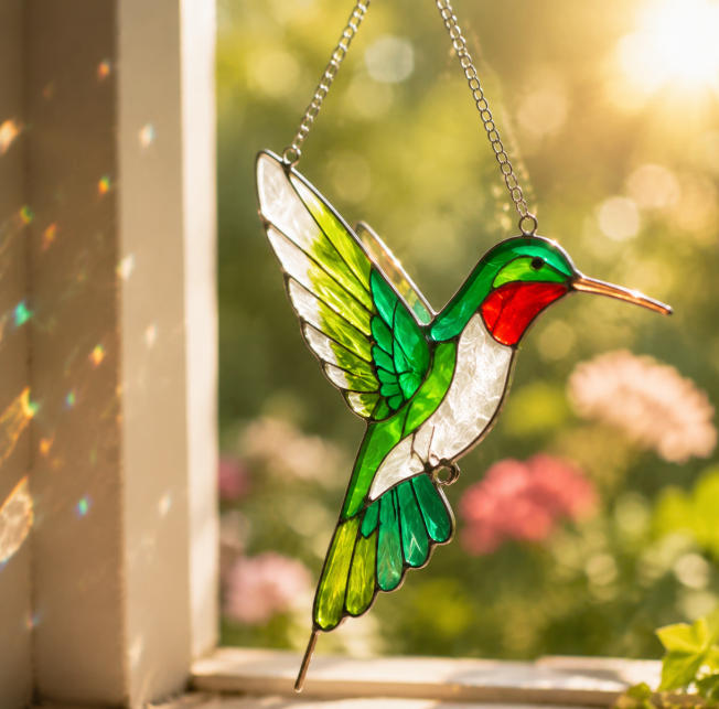 Stained Glass Hummingbird Sun Catcher – Rainbow Light Window Hanging Ornament, Colorful Suncatcher Gift for Garden & Home Decor