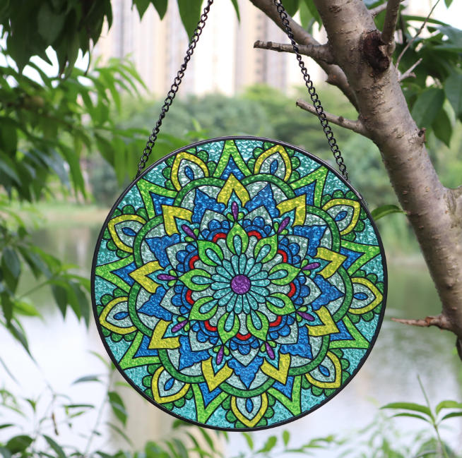 Stained Glass Mandala Sun Catcher – Church Window Style Hanging Ornament, Floral Rainbow Light Catcher for Home & Garden Decor