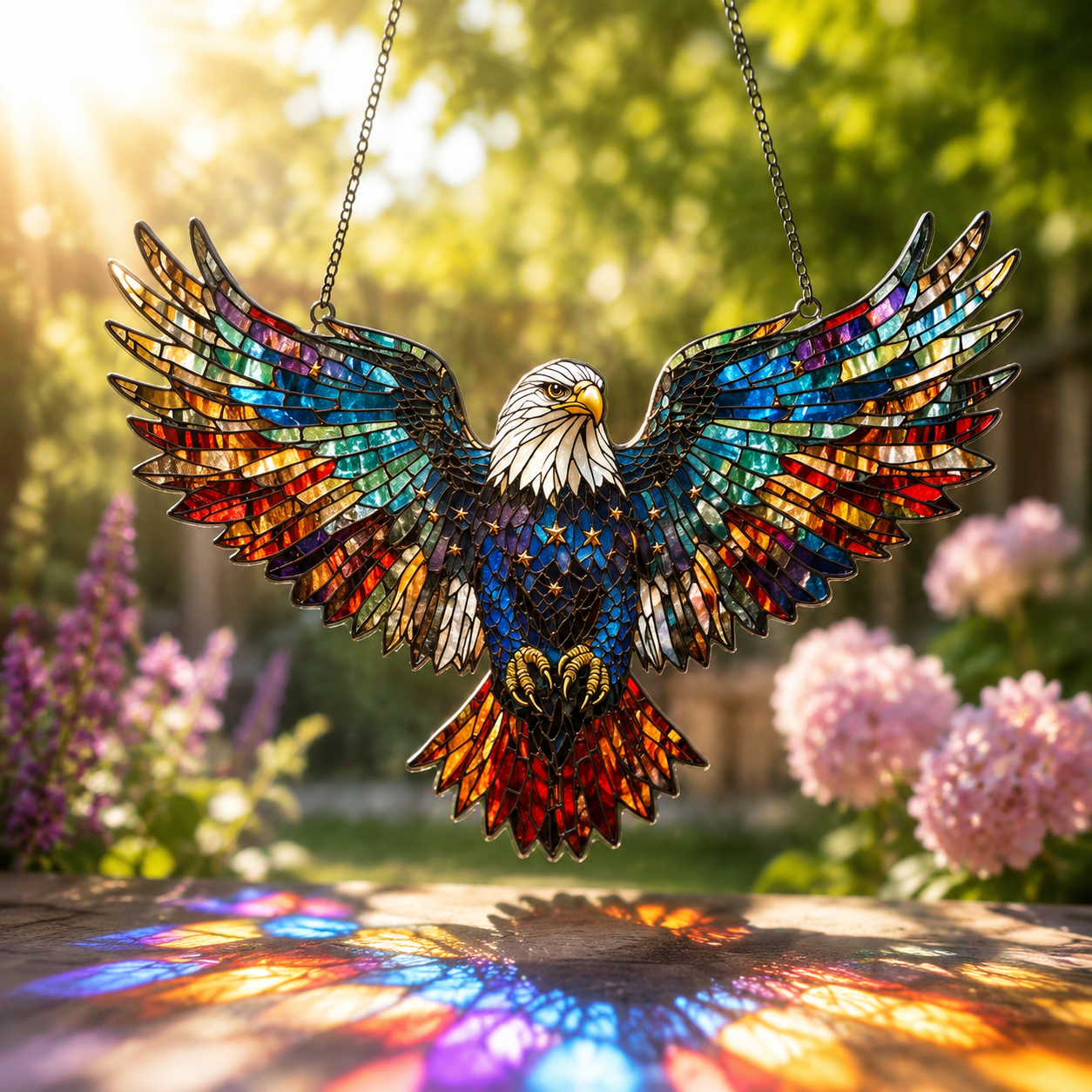 American Eagle Stained Glass Sun Catcher – Patriotic Bald Eagle Window Hanging Ornament, USA Flag Decor Gift for Home & Porch - Lumenglower