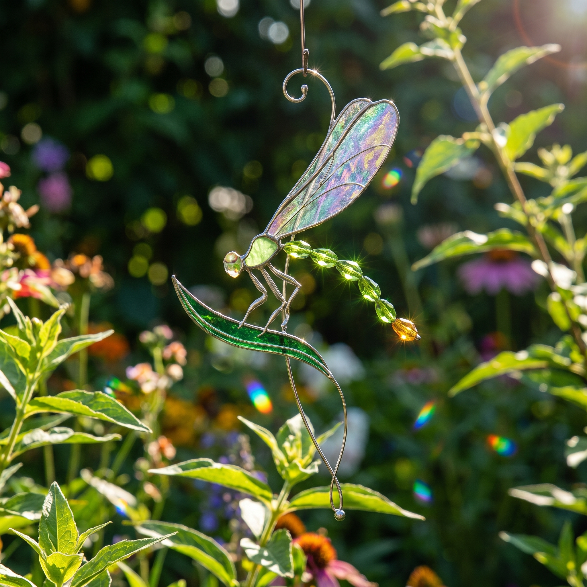 Stained Glass Dragonfly Suncatcher with Green Leaf | Handmade Window Hanging Decor | Sun Catcher Gift for Nature Lovers