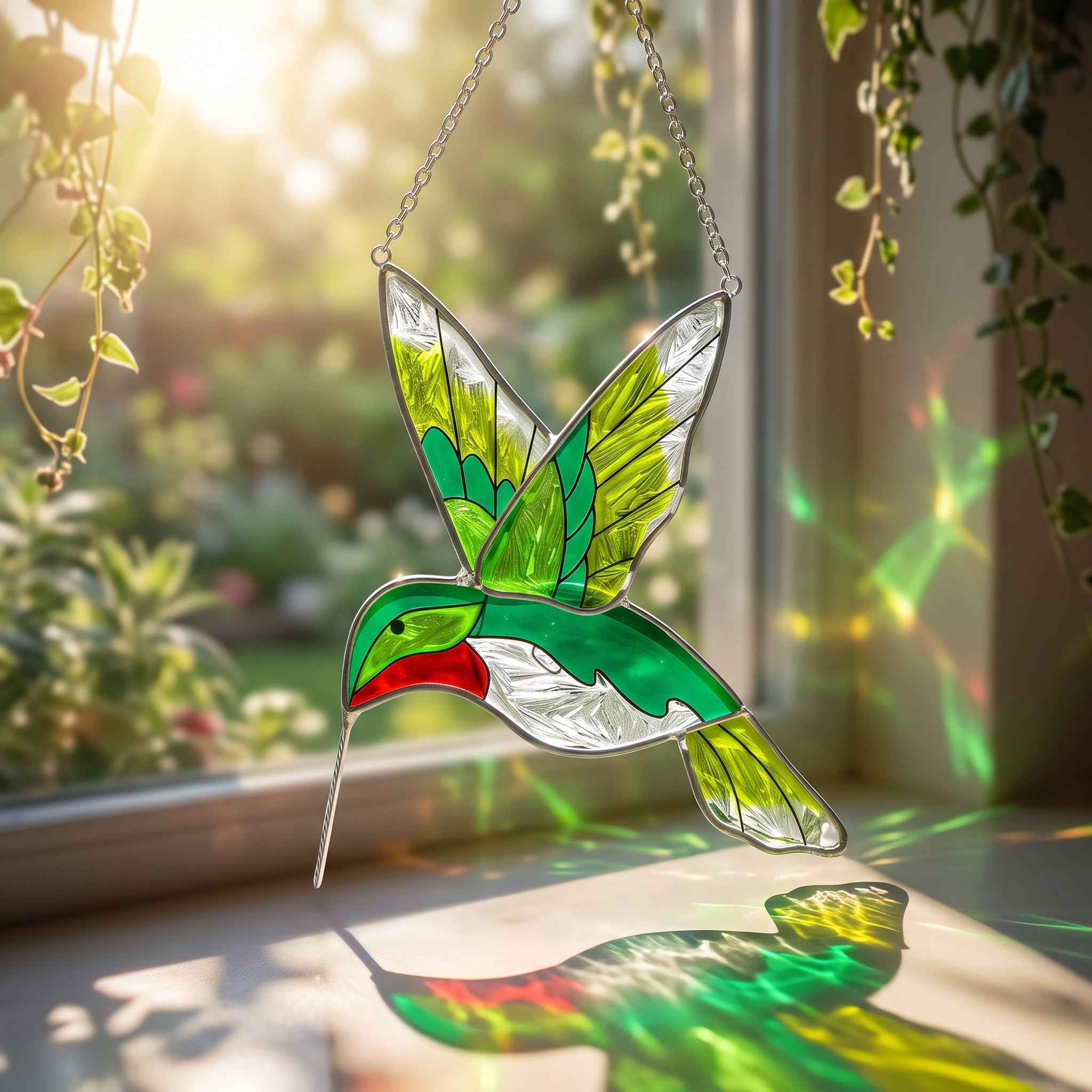 Stained Glass Hummingbird Sun Catcher – Rainbow Light Window Hanging Ornament, Colorful Suncatcher Gift for Garden & Home Decor
