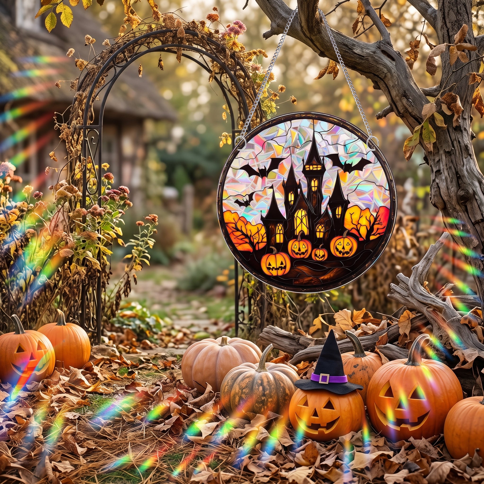 Halloween Acrylic Sun Catcher – Rainbow Window Hanging Ornament, Spooky Stained Glass Style Halloween Decor for Home & Party