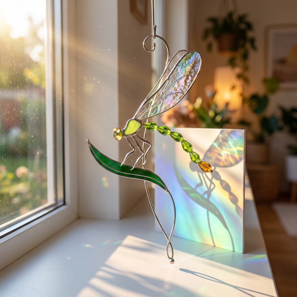Stained Glass Dragonfly Suncatcher with Green Leaf | Handmade Window Hanging Decor | Sun Catcher Gift for Nature Lovers