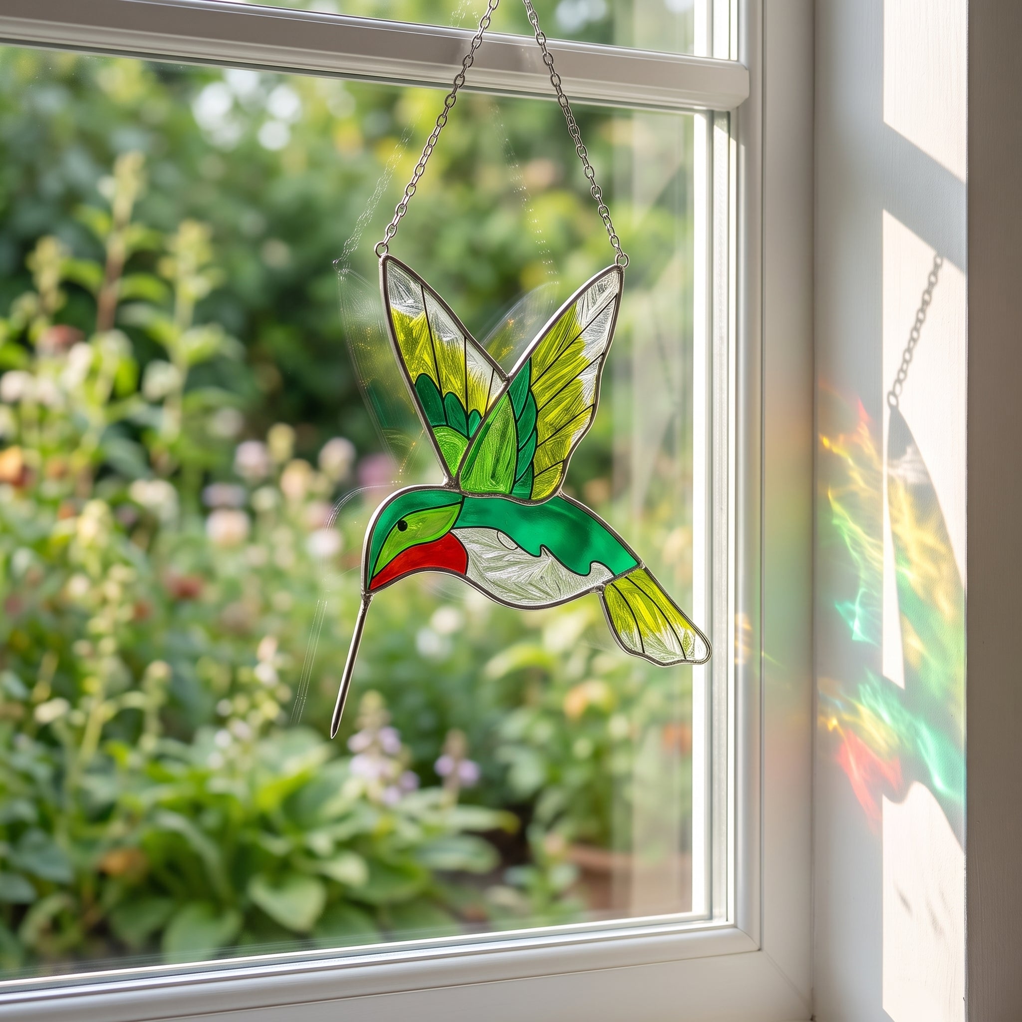Stained Glass Hummingbird Sun Catcher – Rainbow Light Window Hanging Ornament, Colorful Suncatcher Gift for Garden & Home Decor