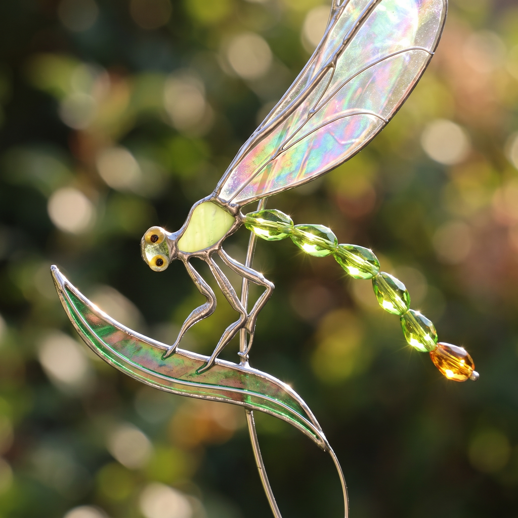 Stained Glass Dragonfly Suncatcher with Green Leaf | Handmade Window Hanging Decor | Sun Catcher Gift for Nature Lovers