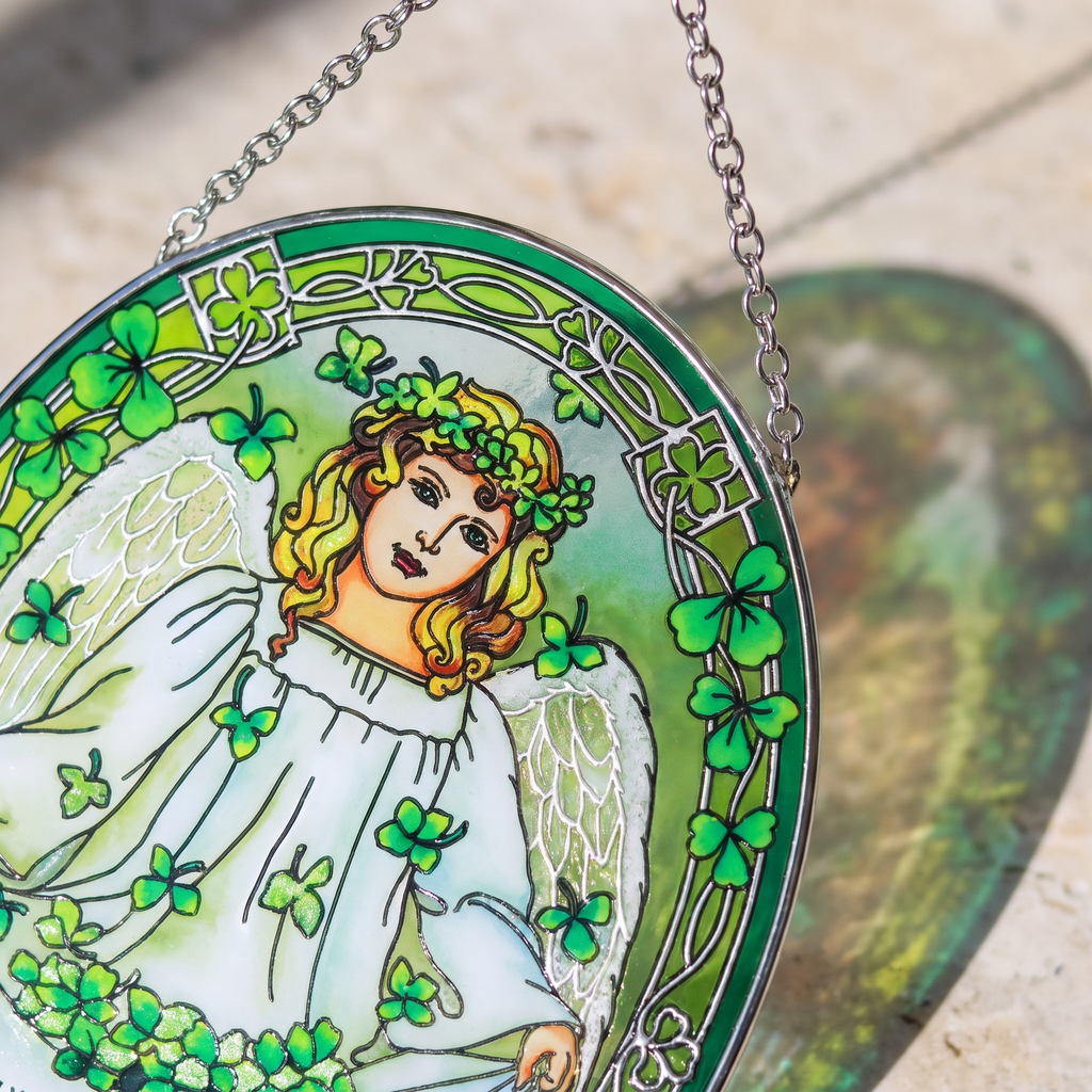 Stained Glass Angel Suncatcher with Shamrock Design | Guardian Angel Window Hanging Decor | Spiritual Blessing Gift