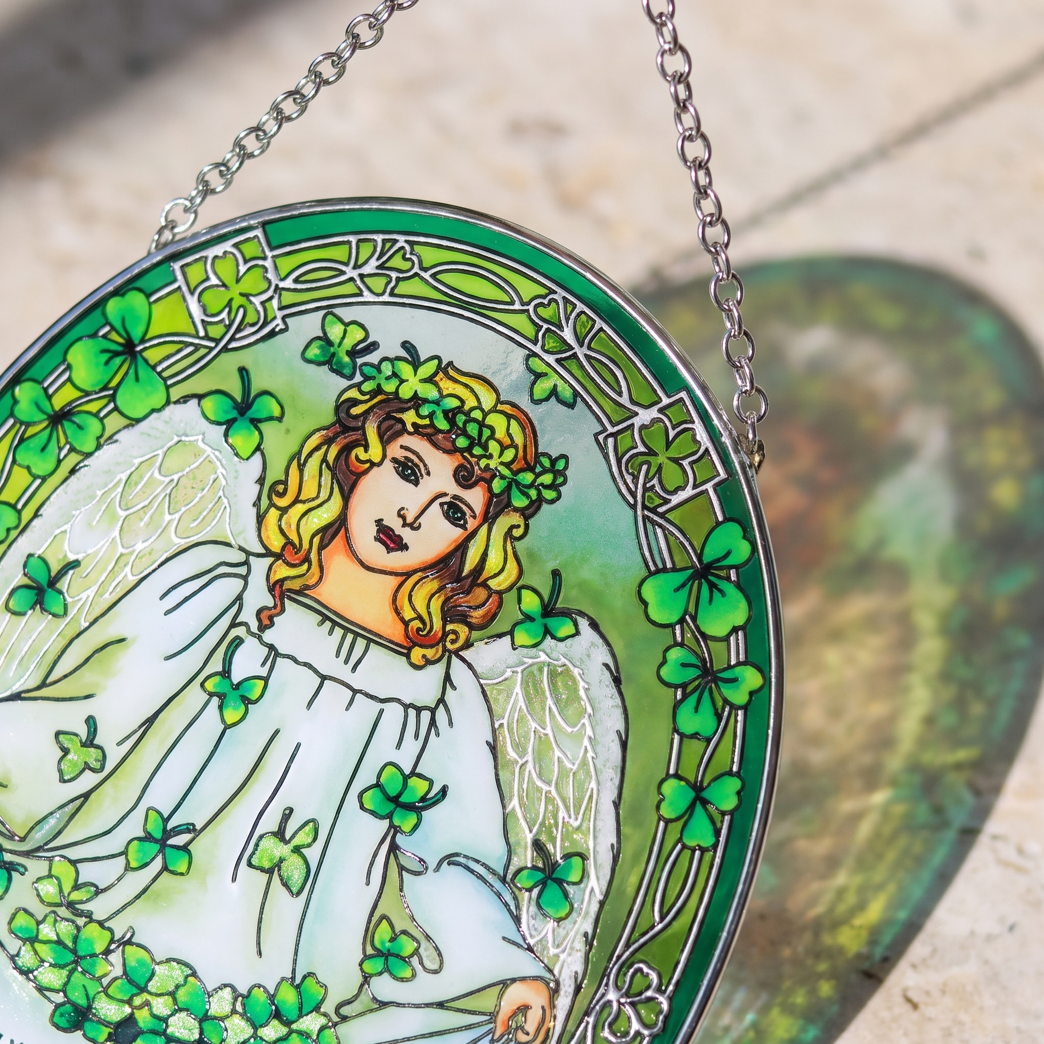 Stained Glass Angel Suncatcher with Shamrock Design | Guardian Angel Window Hanging Decor | Spiritual Blessing Gift