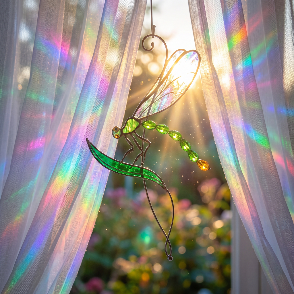 Stained Glass Dragonfly Suncatcher with Green Leaf | Handmade Window Hanging Decor | Sun Catcher Gift for Nature Lovers