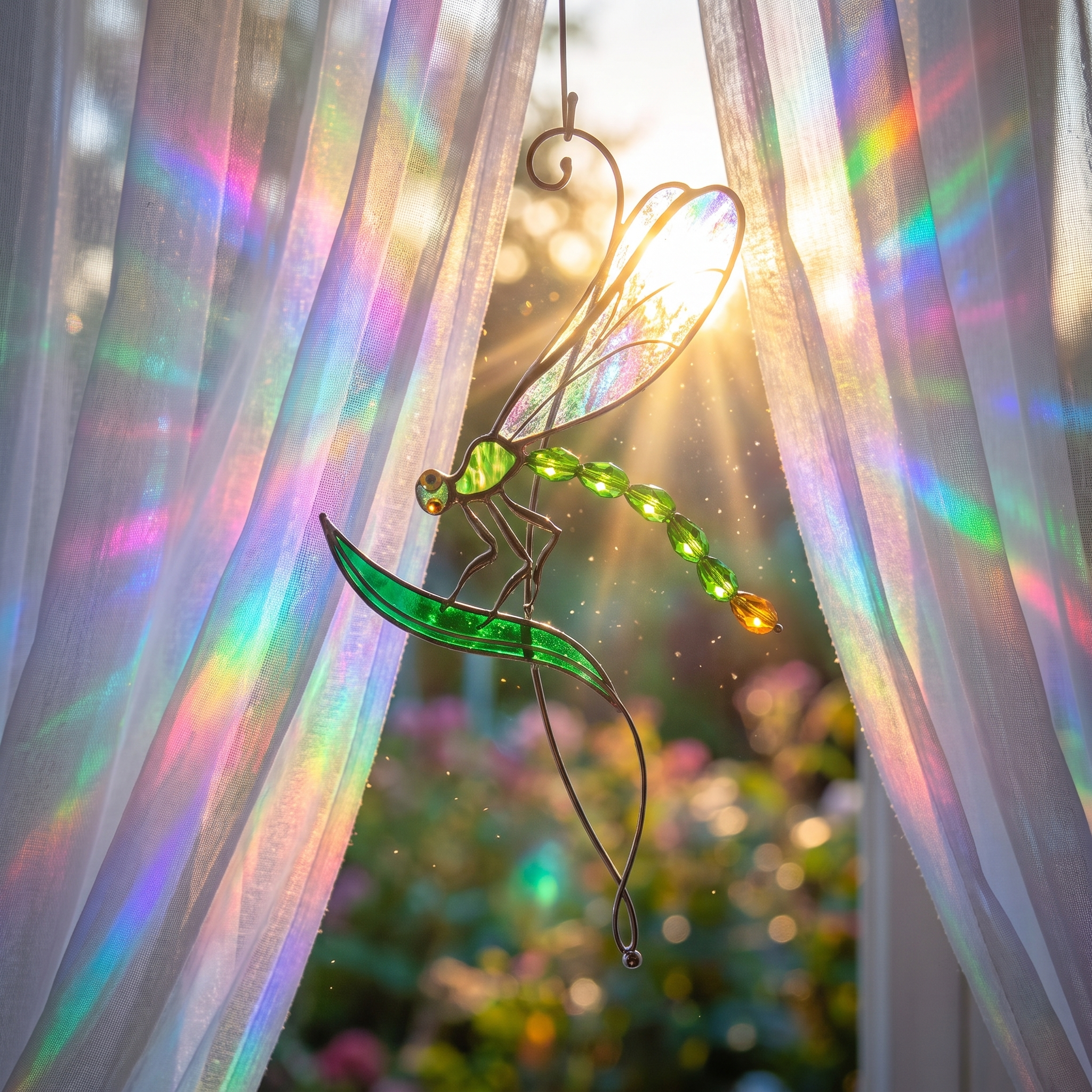 Stained Glass Dragonfly Suncatcher with Green Leaf | Handmade Window Hanging Decor | Sun Catcher Gift for Nature Lovers