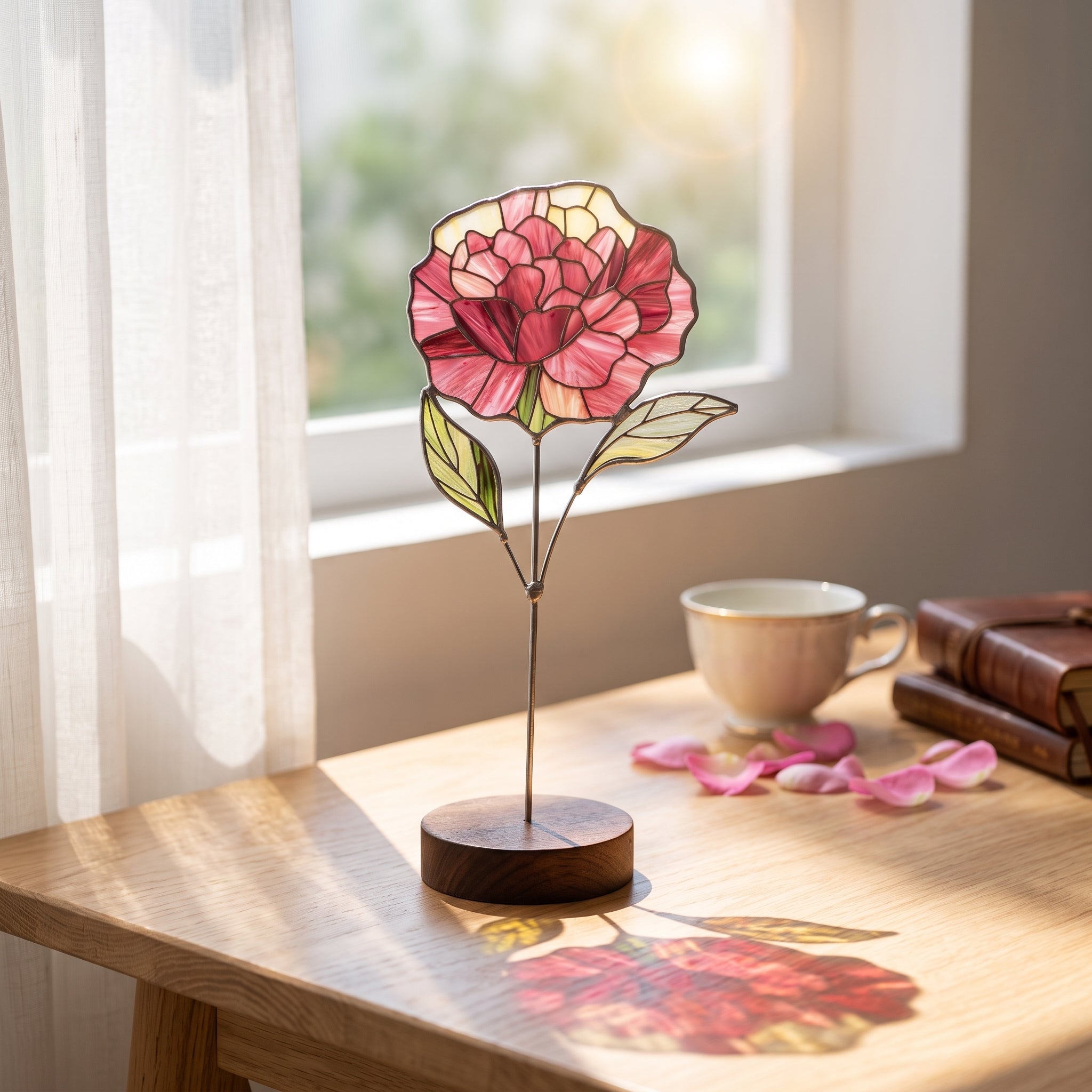 Birth Month Flower Sun Catcher – Personalized Floral Stained Glass Window Hanging Decor, Birthday Gift for Her, Wooden Base Light Catcher - Lumenglower