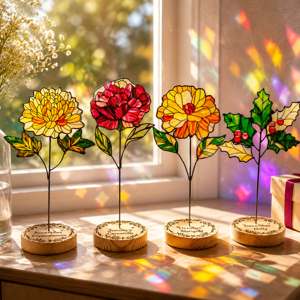 Birth Month Flower Sun Catcher – Personalized Floral Stained Glass Window Hanging Decor, Birthday Gift for Her, Wooden Base Light Catcher - Lumenglower