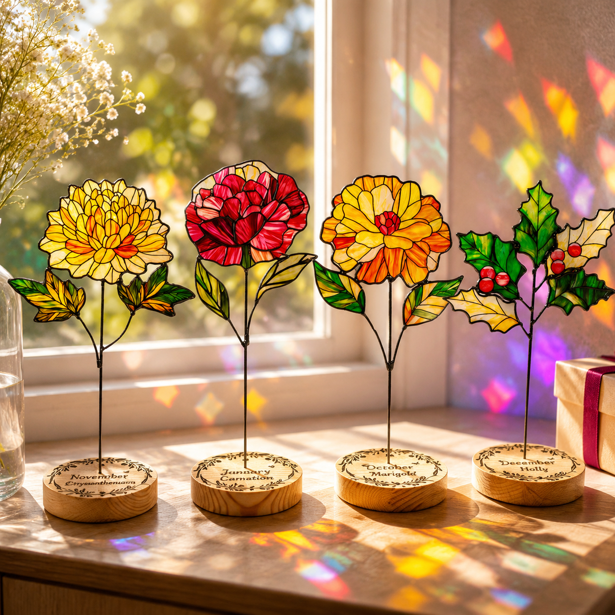 Birth Month Flower Sun Catcher – Personalized Floral Stained Glass Window Hanging Decor, Birthday Gift for Her, Wooden Base Light Catcher - Lumenglower