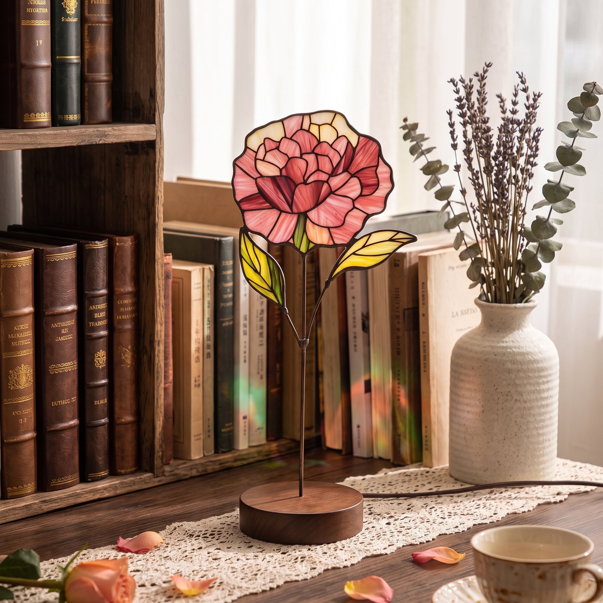Birth Month Flower Sun Catcher – Personalized Floral Stained Glass Window Hanging Decor, Birthday Gift for Her, Wooden Base Light Catcher - Lumenglower