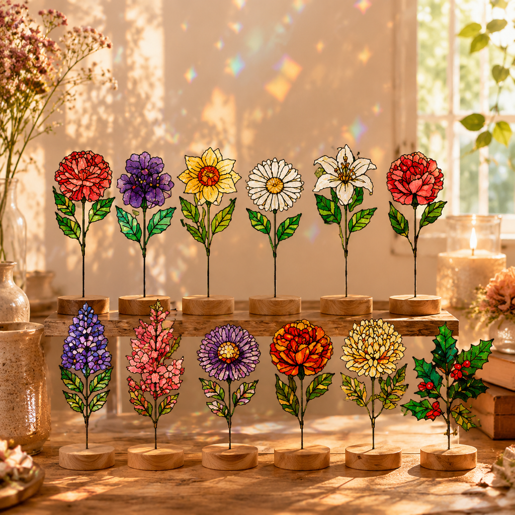 Birth Month Flower Sun Catcher – Personalized Floral Stained Glass Window Hanging Decor, Birthday Gift for Her, Wooden Base Light Catcher - Lumenglower