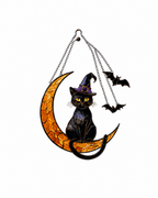 Black Cat & Crescent Moon Original Stained Glass Suncatcher - Lumen Garden Studio