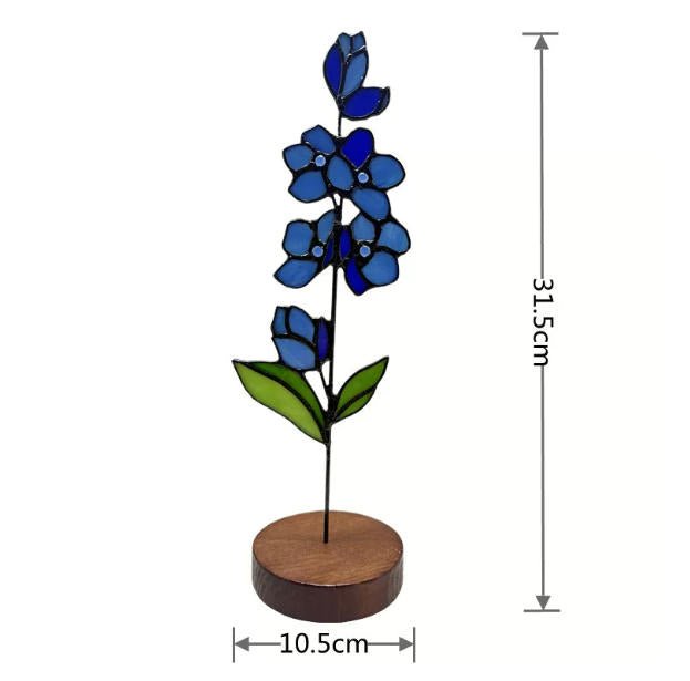 Blue Delphinium Stained Glass Flower with Wooden Stand - Lumen Garden Studio