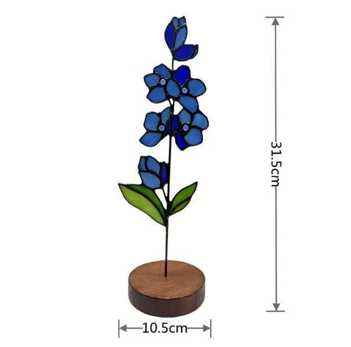 Blue Delphinium Stained Glass Flower with Wooden Stand - Lumen Garden Studio