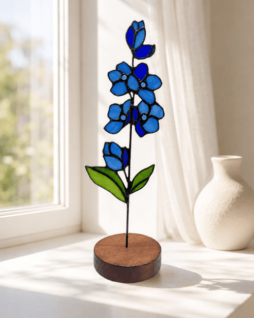 Blue Delphinium Stained Glass Flower with Wooden Stand - Lumen Garden Studio