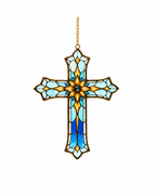 Blue Floral Cross Original Stained Glass Suncatcher - Lumen Garden Studio