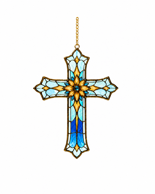 Blue Floral Cross Original Stained Glass Suncatcher - Lumen Garden Studio