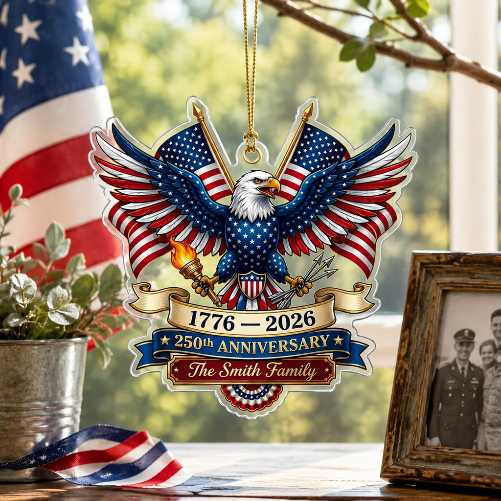Celebrate America's 250th Anniversary with a personalized keepsake ornament that honors freedom, family, and American heritage.
