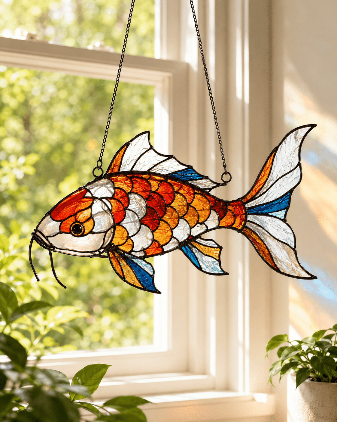 Colorful Koi Fish Stained Glass Window Hanging - Lumen Garden Studio