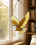 Flying Barn Owl Stained Glass Window Hanging - Lumen Garden Studio