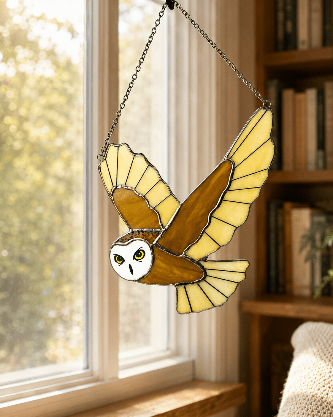 Flying Barn Owl Stained Glass Window Hanging - Lumen Garden Studio