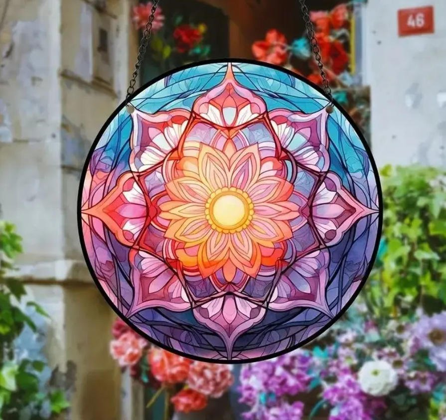 Geometric Stained Glass Sun Catcher – Colorful Acrylic Window Hanging Ornament, Modern Abstract Wall & Window Decor Gift - Lumenglower