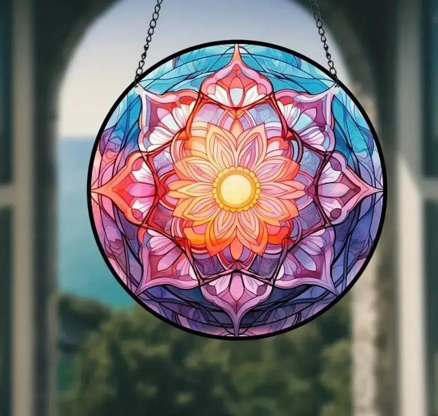 Geometric Stained Glass Sun Catcher – Colorful Acrylic Window Hanging Ornament, Modern Abstract Wall & Window Decor Gift - Lumenglower