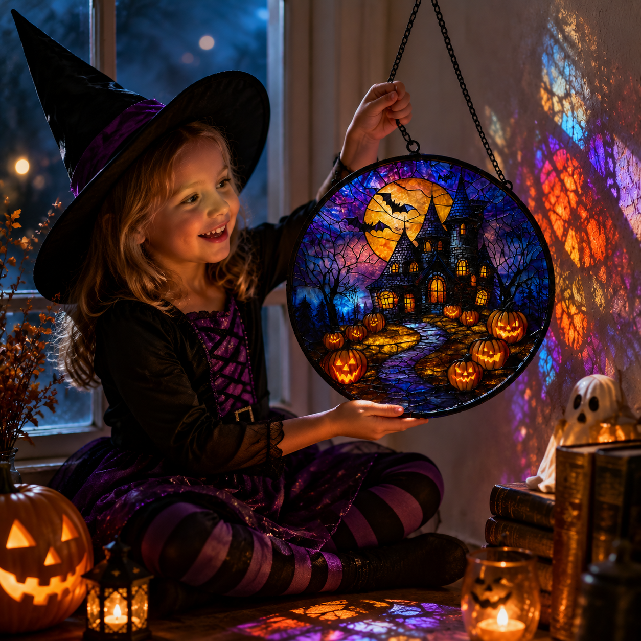 Gothic Halloween Castle Sun Catcher – Acrylic Stained Glass Style Window Hanging Decor, Spooky Rainbow Light Ornament for Home & Garden - Lumenglower