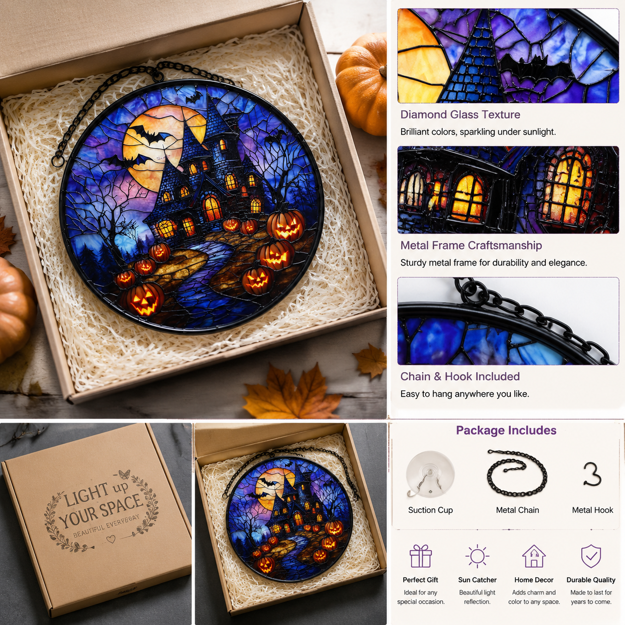 Gothic Halloween Castle Sun Catcher – Acrylic Stained Glass Style Window Hanging Decor, Spooky Rainbow Light Ornament for Home & Garden - Lumenglower