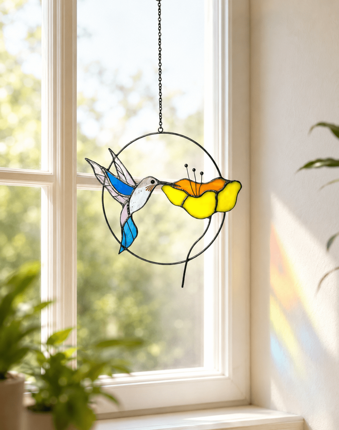 Hummingbird & Flower Stained Glass Window Hanging - Lumen Garden Studio