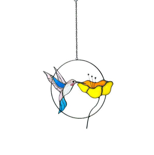 Hummingbird & Flower Stained Glass Window Hanging - Lumen Garden Studio