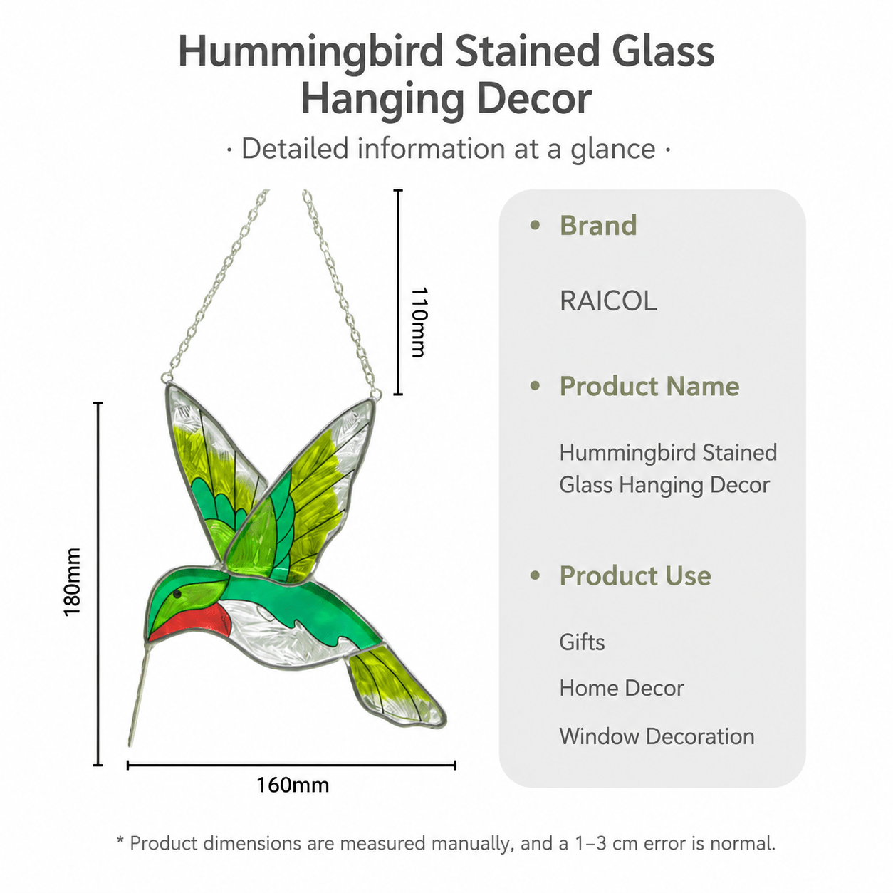 Stained Glass Hummingbird Sun Catcher – Rainbow Light Window Hanging Ornament, Colorful Suncatcher Gift for Garden & Home Decor - Lumenglower